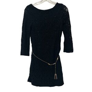 Sharagano Black Lace Long Sleeve Shift Dress with Belt
